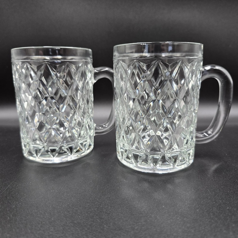 Vintage Paul Sebastian Diamond Cut‎ Crystal Glass Mugs w/ Handle France Set of 2